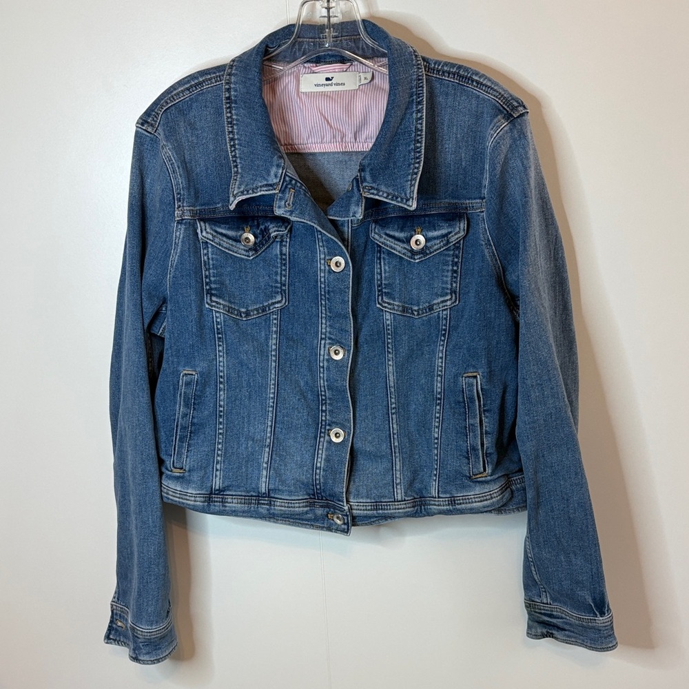Vineyard Vines Classic Blue Jean Jacket With Pink Stripe Trim